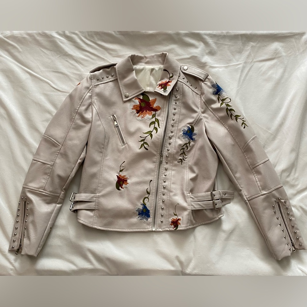 Faux Leather Embroidered Floral Beige Jacket with studs